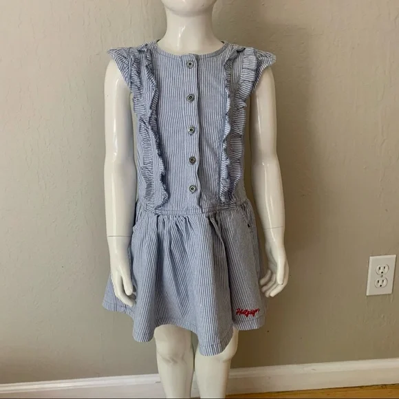 TOMMY HILFIGER Striped Denim Ruffle Dress Sleeveless 100% Cotton Blue & White 5 - Picture 4 of 16